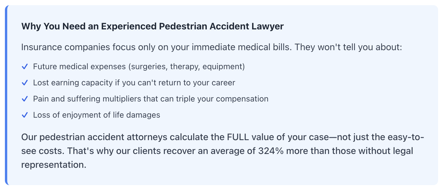 Hit by a car in Concord? Our pedestrian accident lawyers fight for maximum compensation. We charge just 25%, not 33-40%. Free case review. Call (919) 900-1088 today.