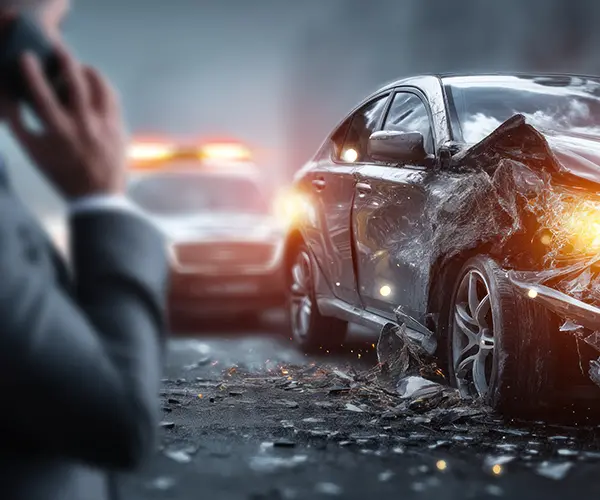 Car with a smashed front and man on the phone