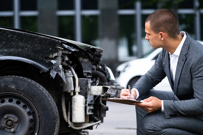 Drivers exchanging insurance information and documenting car accident scene with police officer for filing insurance claim in North Carolina