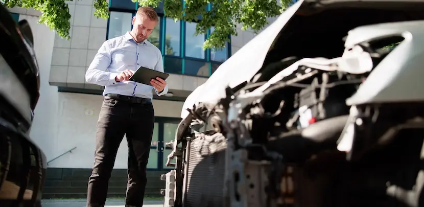 An insurance adjuster is documenting a damaged vehicle with a tablet for car accident claims investigation and assessment in North Carolina.